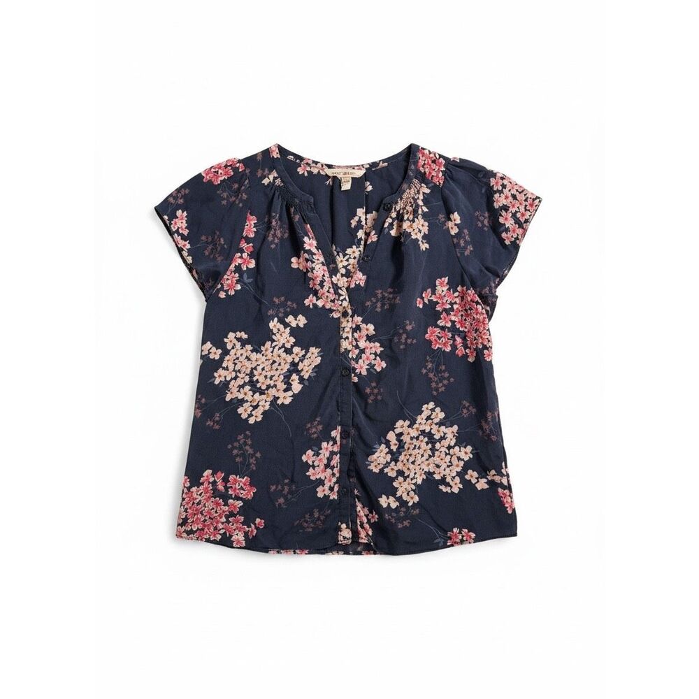 Rebecca Taylor 100% Silk Floral Print Blouse Size 4 Navy Blue Pink Short Sleeve